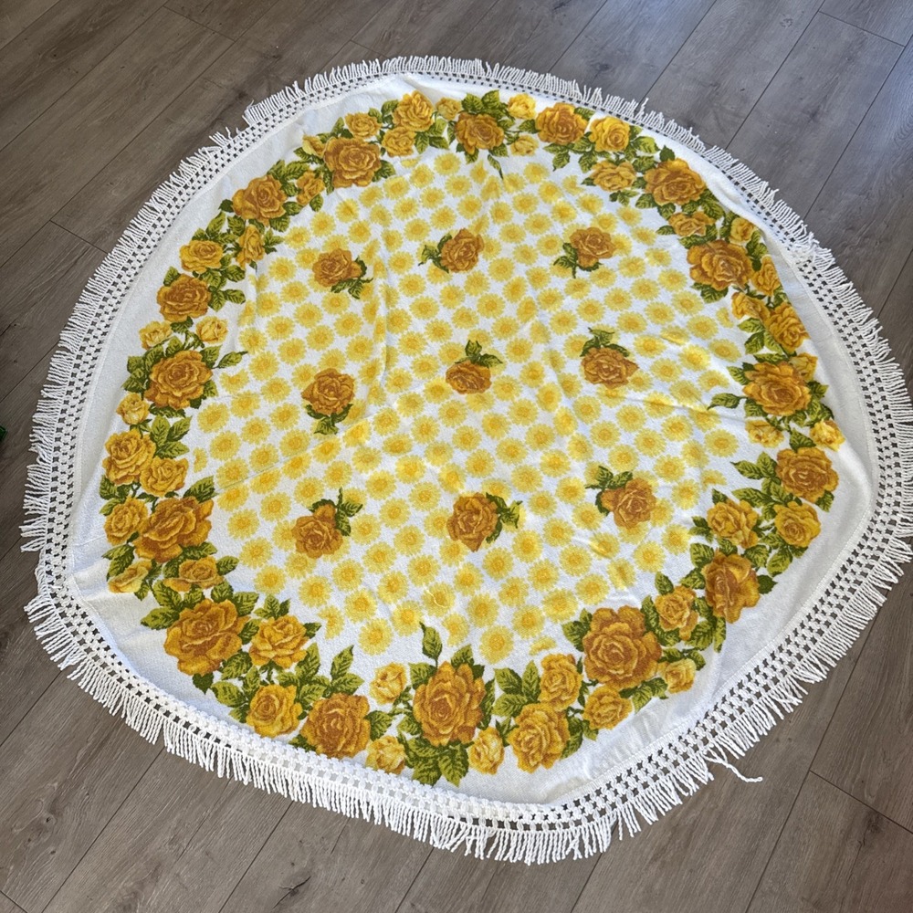 VTG Terry Cloth Fringe Tablecloth 54" Round Yellow Roses Shabby Chic Country